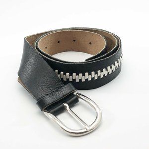 Vintage Black Leather Women's Casual Belt with Whi